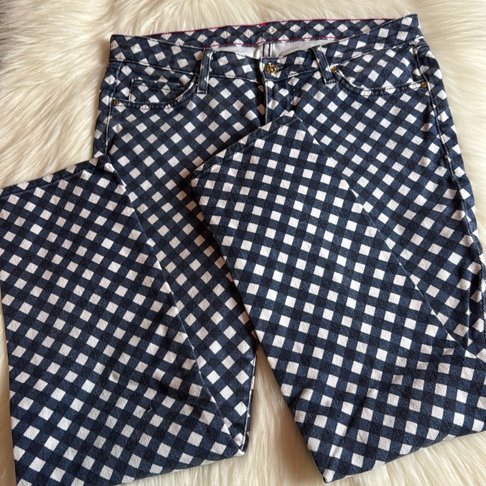 Kate Spade Broome Street Navy/White Check Print Denim Skinny Jean Size 28